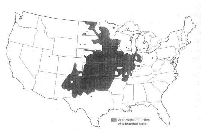 Map U.S. irregular black blob polygon in 14 midwestern states including Texas and New Mexico.