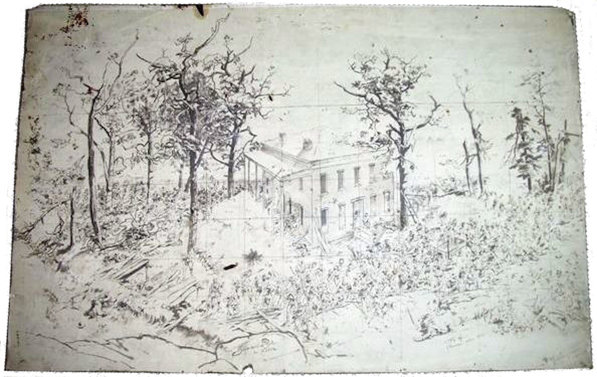 Sketch of rectangular building surrounded by leafless trees.