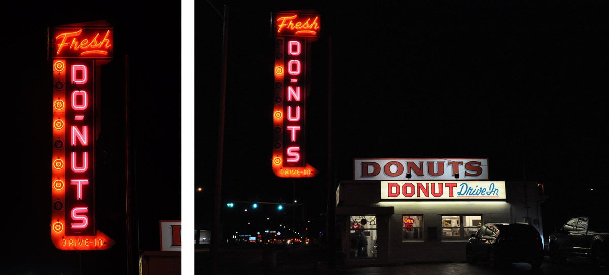 Two Images: Left: close-up red neon Arrow moving down and right Text Fresh Donuts. Right: Arrow point to donut shop.