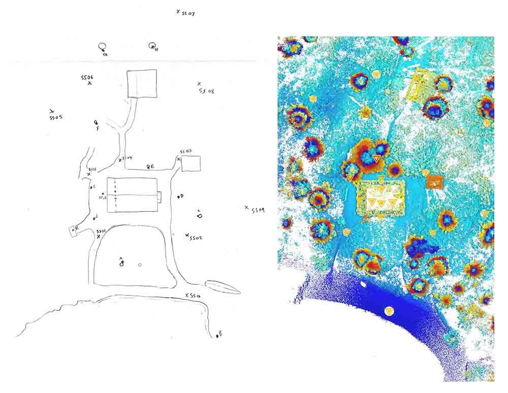 Figure 5 showing field sketch site plan and scan data_web Scanned image of the Proenecke cabin site.
