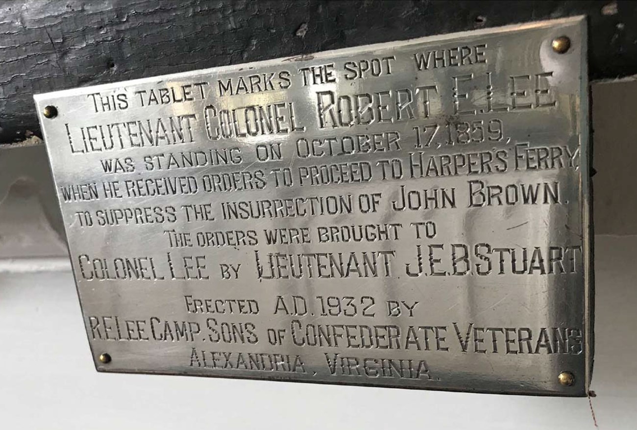 Tablet honoring Robert E Lee Silver plaque text reading in part “This tablet marks the spot where Lt. Col Robert E Lee Received orders Oct 17, 1859.