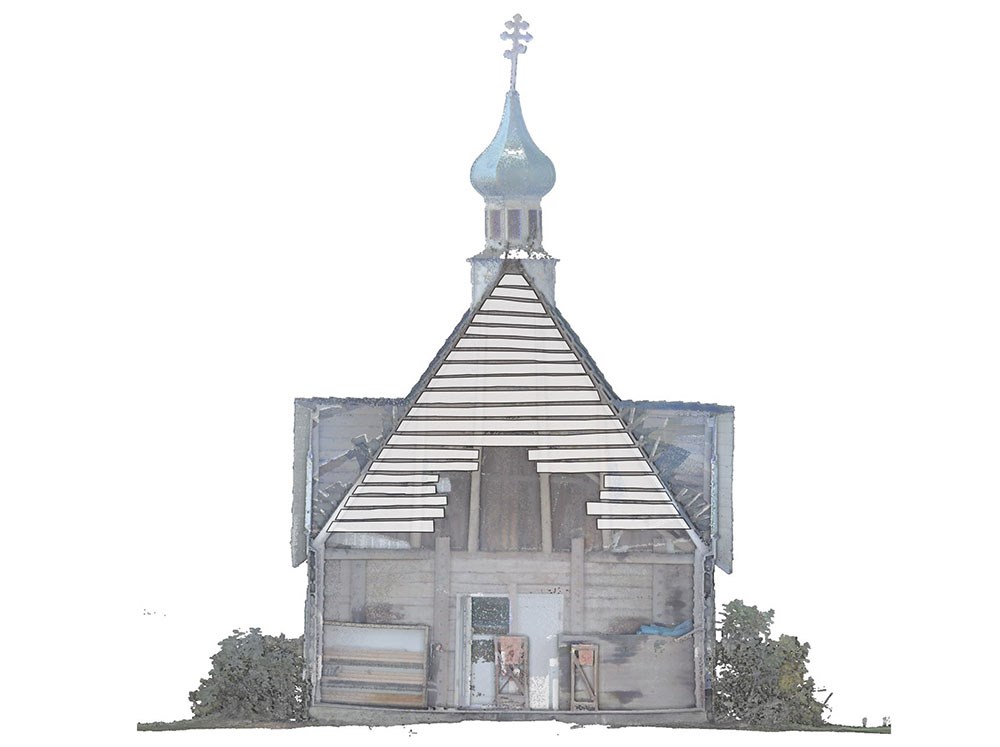 A scanned image of the exterior of ah historic church.