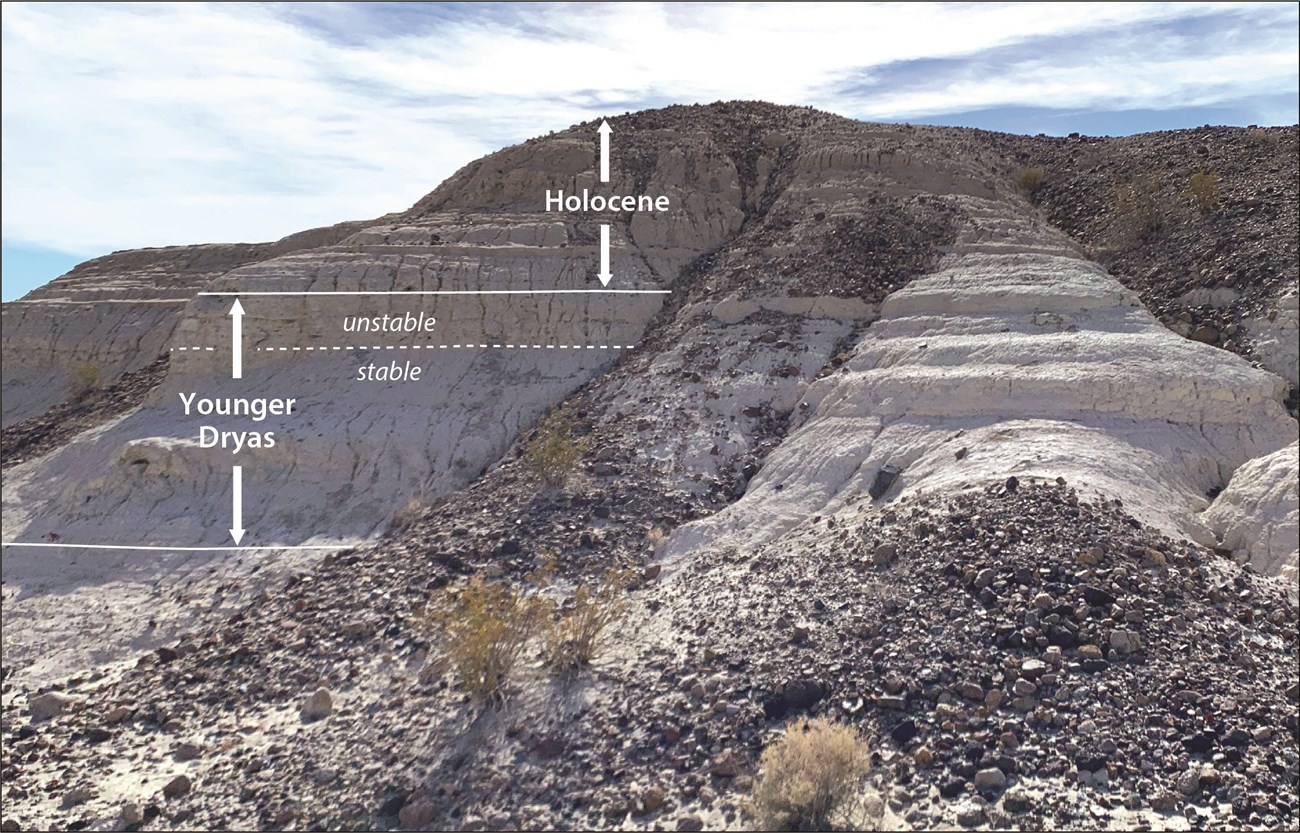 rocky hillslope with geologic formations labeled: younger dryas and holocene