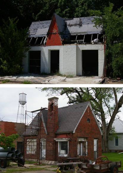 White brick building with large holes in roof red brick building with scaffolding in front.