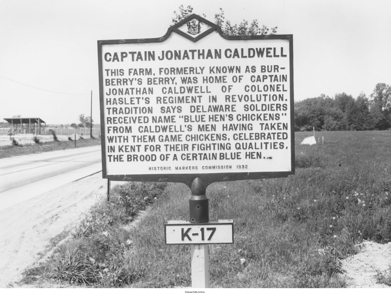 Historical marker Historic Markers Commission, 1932, sign K-17 about Captain Jonathan Caldwell.