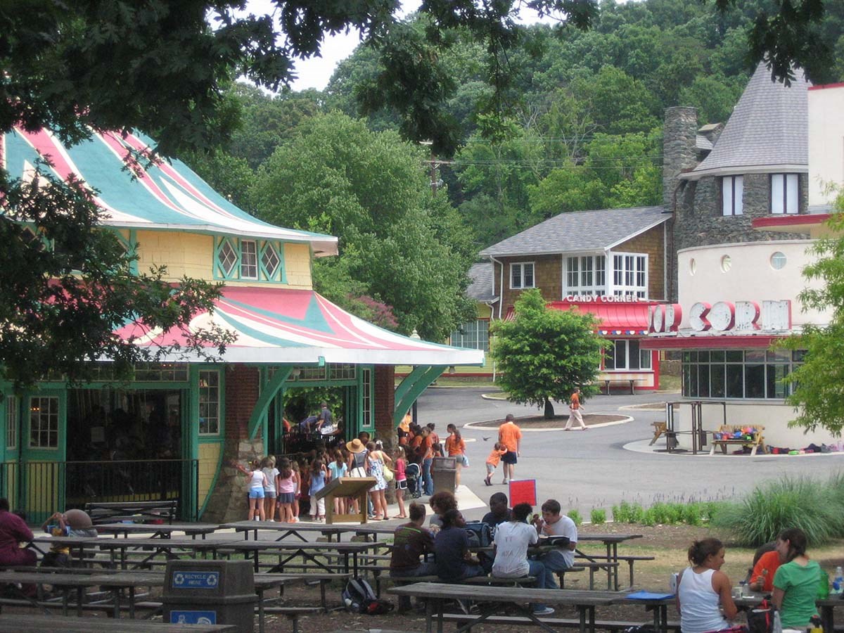 Picnic tables in front of three buildings Carousel pavilion on left round popcorn on right and candy corner in distance.