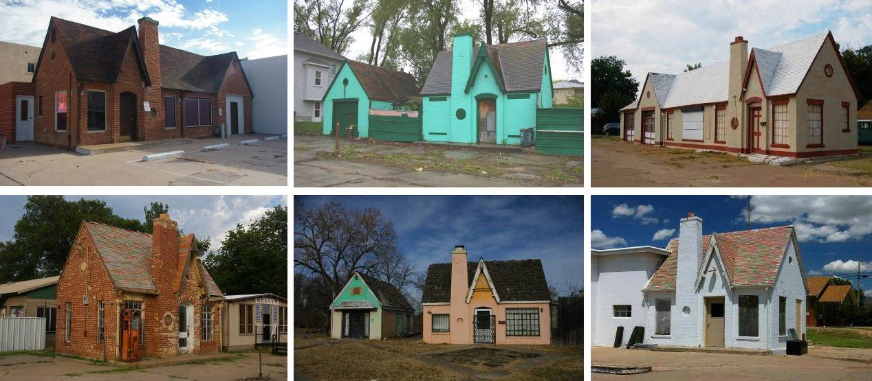 6 vacant brick buildings in various states of disrepair.