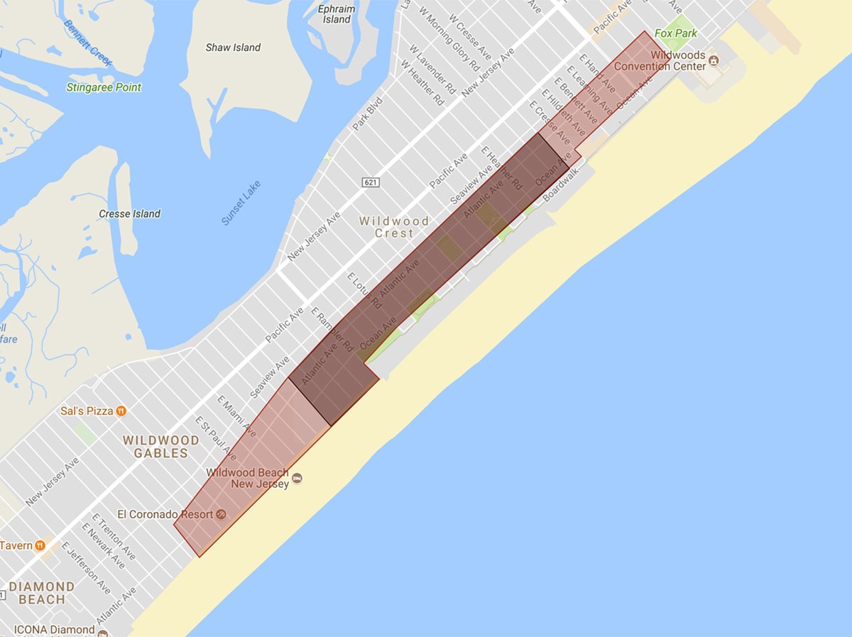Map of Jersey shore with dark rectangle marking 21 blocks with smaller 10 block rectangles on both sides.