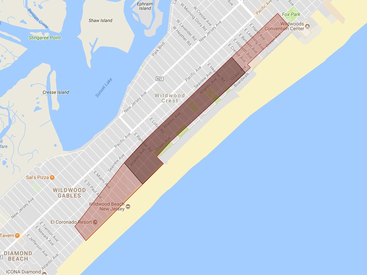Historic District Map Map of Jersey shore with dark rectangle marking 21 blocks with smaller 10 block rectangles on both sides.