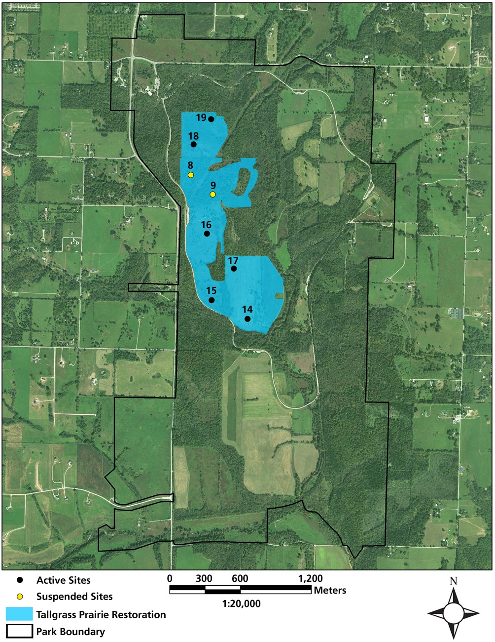 Prairie monitoring map A map of Wilson's Creek National Battlefield showing the tallgrass prairie restoration area and six monitoring sites numbered 15, 16, 17, 18, and 19 and two suspended monitoring sites numbered 8 and 9.