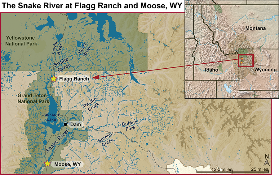 A map of the Snake River flowing through Grand Teton and Yellowstone National park with Moose, WY, marked south of Jackson lake and Flagg Ranch, WY, north of Jackson Lake.