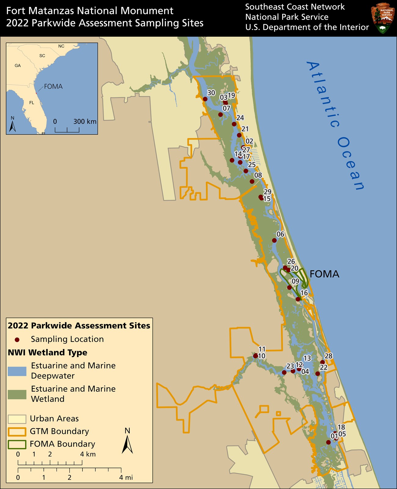 Map of FOMA showing parkwide sites with dots and numbers