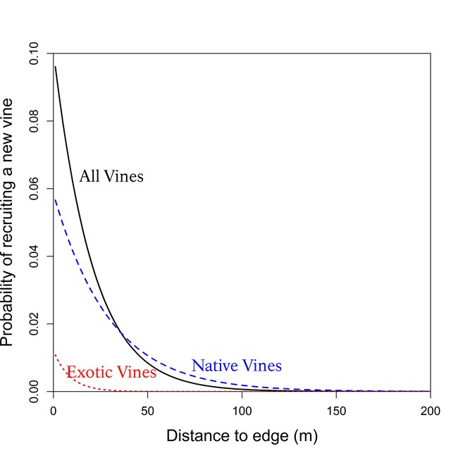 Line graph showing a downward probability trend of recruiting new vines on trees as distance to forest edge increases.