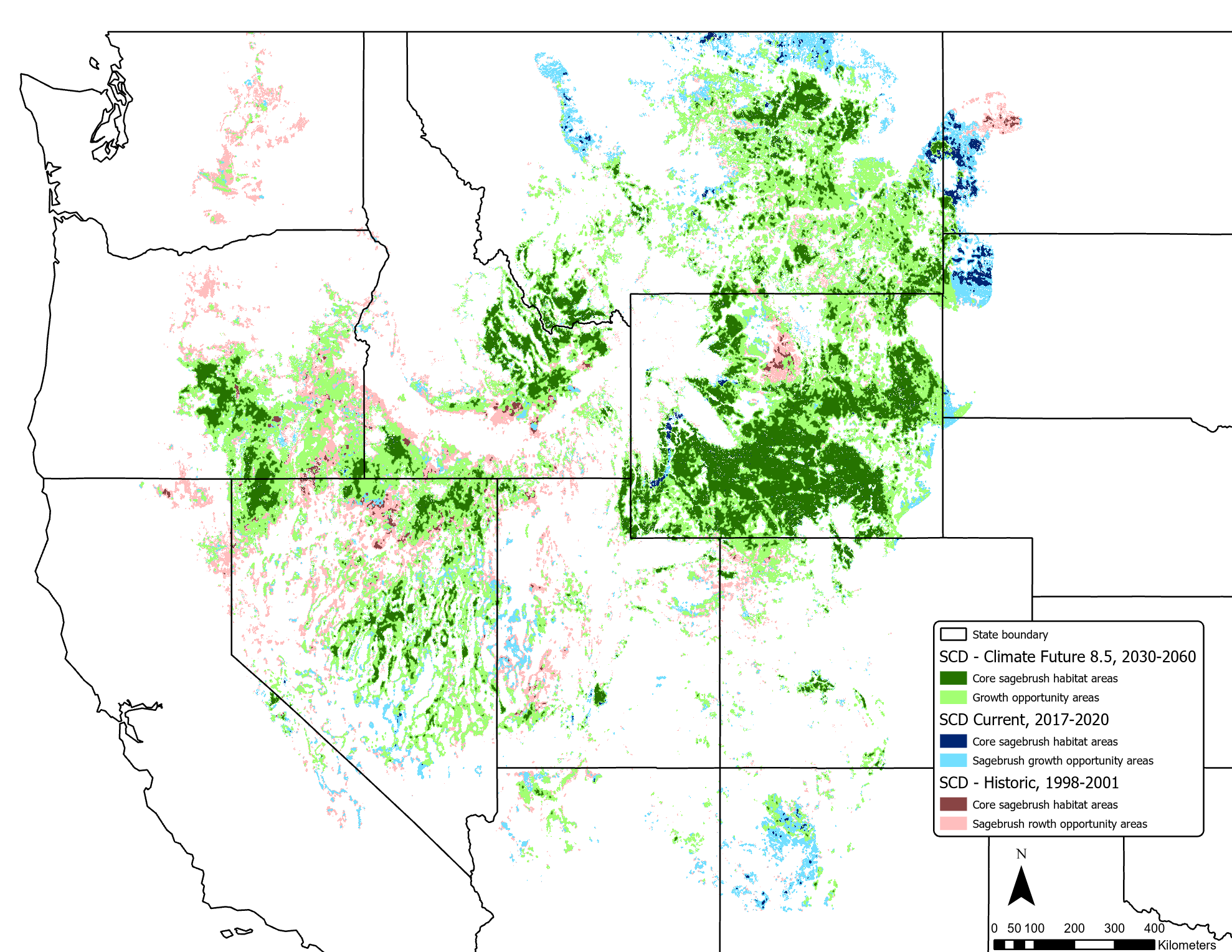 The sagebrush conservation design State borders in the West, with colored overlays of core sagebrush areas and growth opportunity areas at three different times: 1998-2001, 2017-2020, and projected 2030-2060. Wyoming has the most future core areas. Areas of lost sagebrush are throughout.