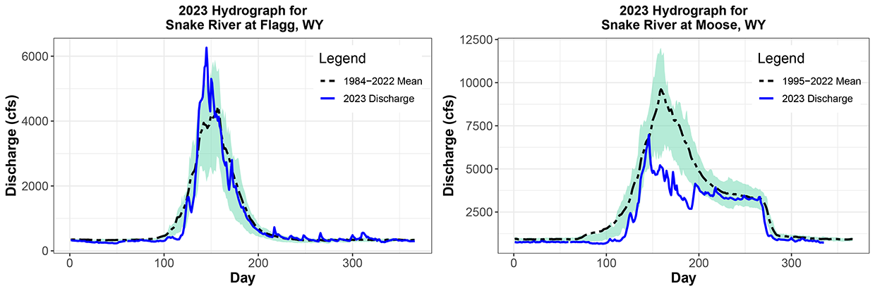 Water discharge in the Snake River Two line graphs of water flow showing high early summer flows and lower baseflows in late summer and fall that were similar to historical averages at Flagg Ranch and below average discharge values through July at Moose.