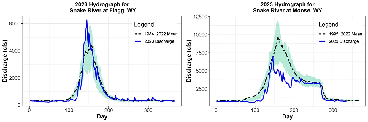 Water discharge in the Snake River Two line graphs of water flow showing high early summer flows and lower baseflows in late summer and fall that were similar to historical averages at Flagg Ranch and below average discharge values through July at Moose.