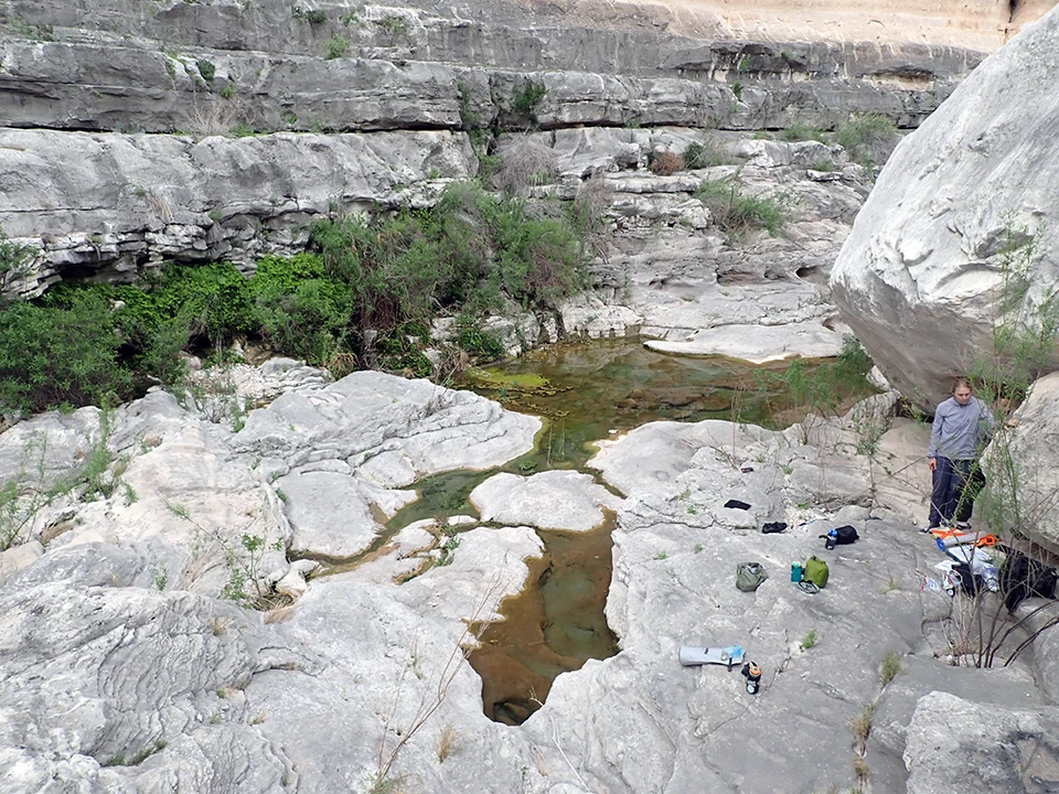 Dead Man's Canyon Spring Figure 8. A hanging garden spring emerging from the side of a bedrock-lined drainage, forming pools at its base and contrasting with the white and grey limestone surroundings.
