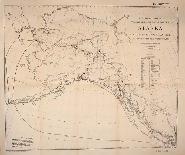 An historical map of Alaska showing travel route of the USRC Bear.