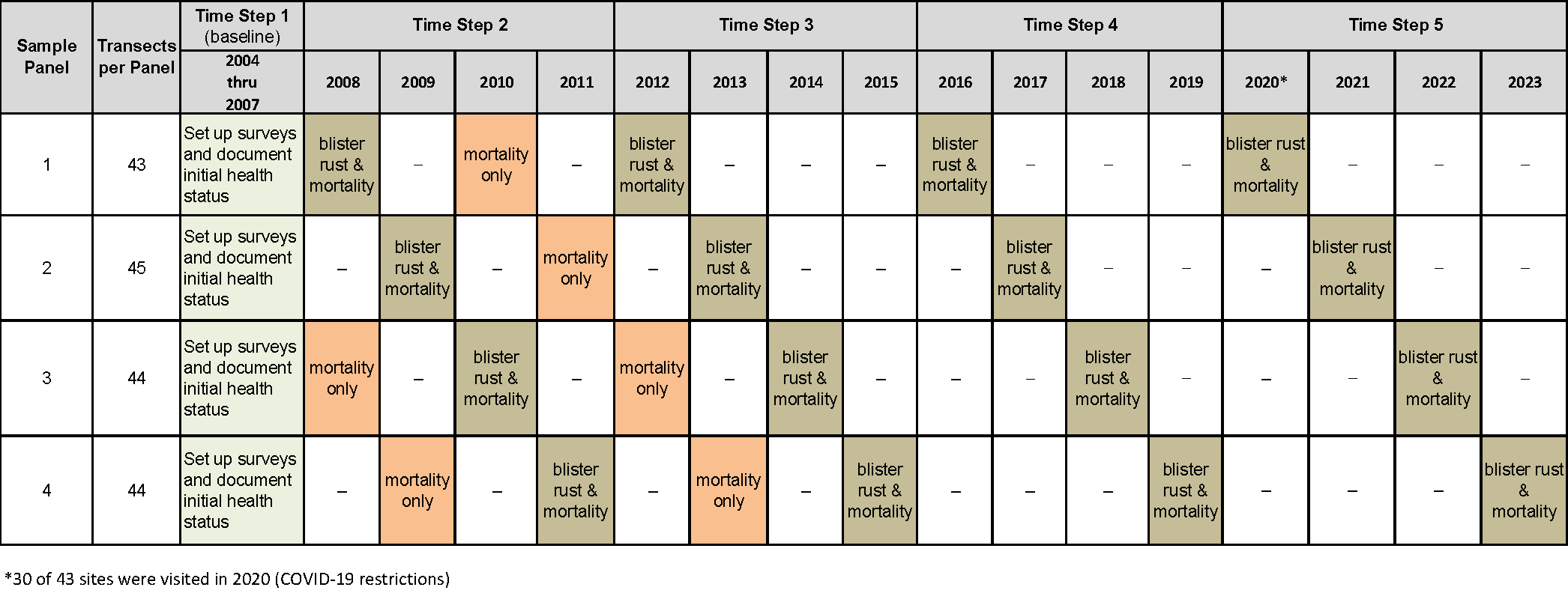 Time Step Survey Revisit Schedule Table showing what types of whitebark pine surveys are conducted in which years.