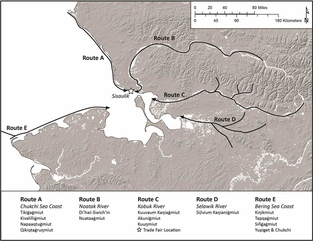 A map of northwest Alaska showing traditional trade routes.