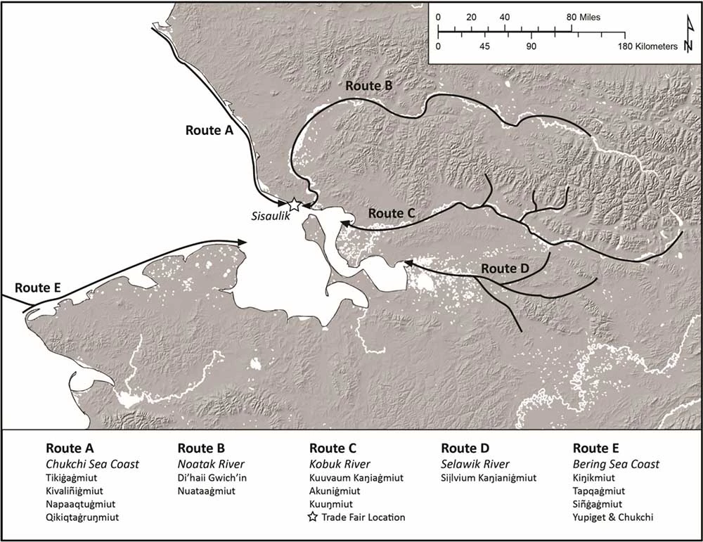 Figure 2_Travel Routes A map of northwest Alaska showing traditional trade routes.