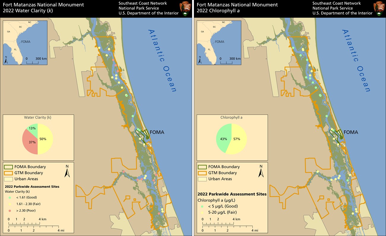 Maps of FOMA showing water clarity and chlorophyll a stats