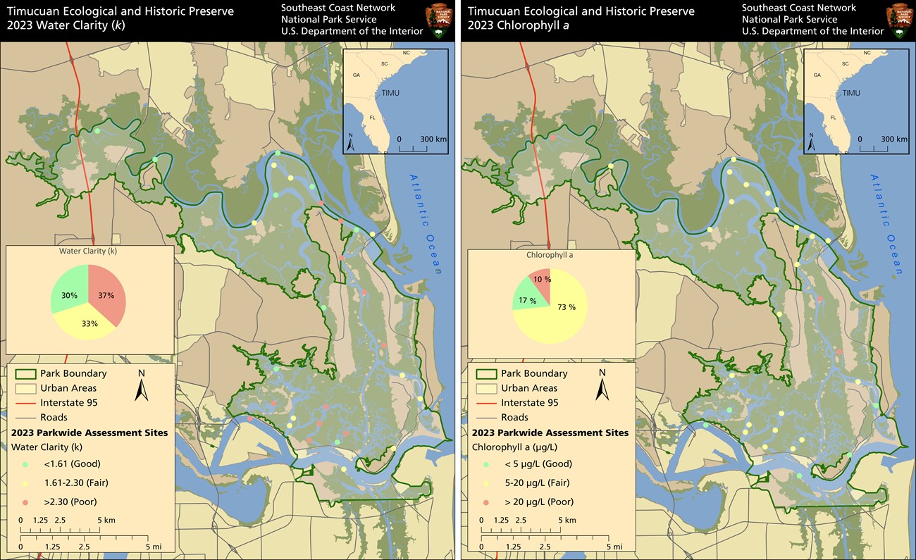 Maps showing Water clarity and Chlorophyll a at sites in the park