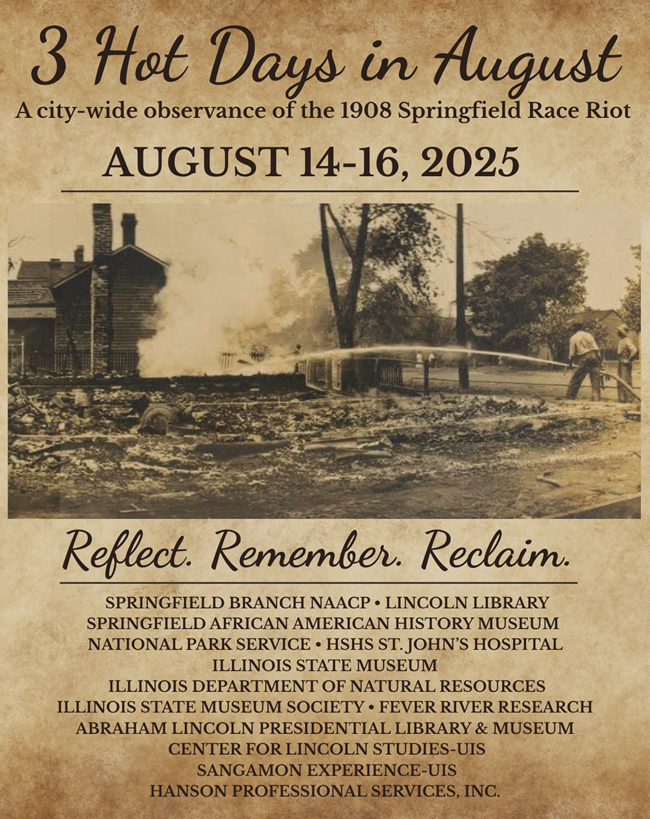 An event flier for 3 Hot Days in August that lists participating organizations and has a historic photo of two firefighters using a hose to put out a house fire.