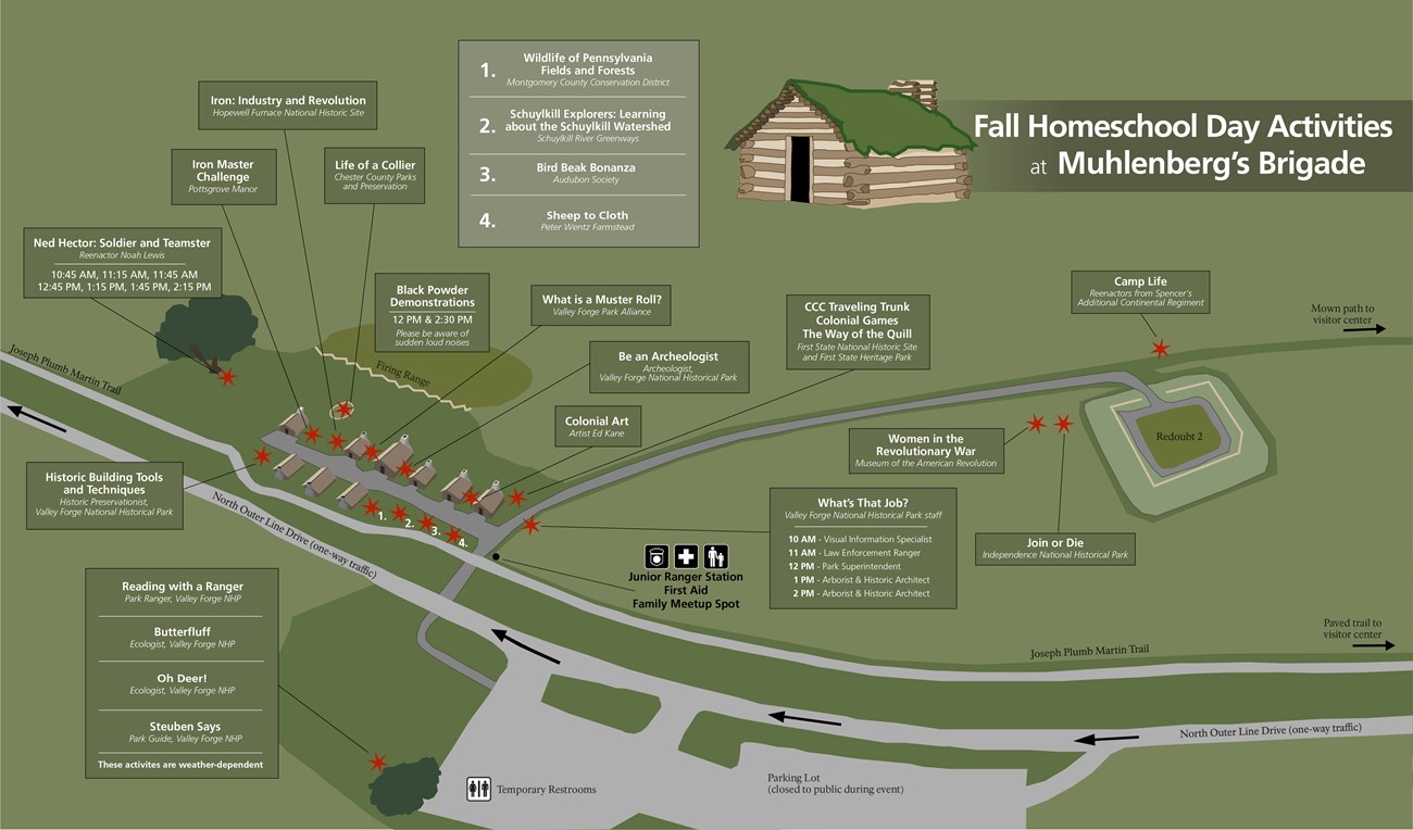 graphic map showing huts and the locations of activities at Muhlenberg's Brigade