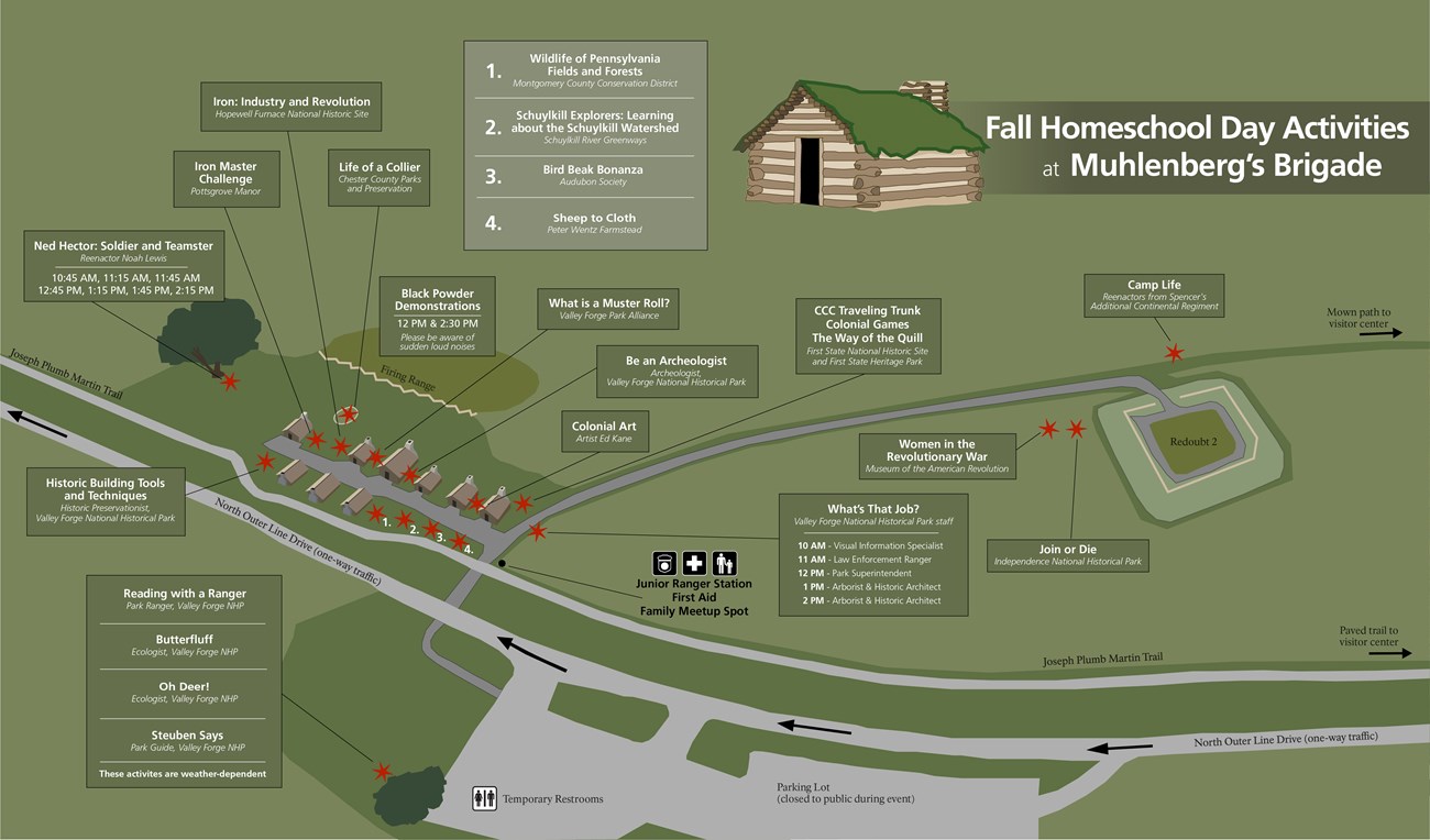 Fall Homeschool Days Activities Map graphic map showing huts and the locations of activities at Muhlenberg's Brigade