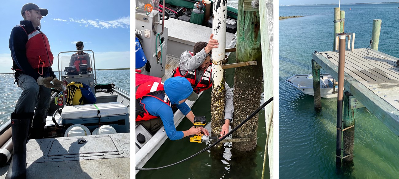 Sonde tube replacement at CALO Man on a boat, another man driving, woman with a drill and a man holding a clamp in place, a pipe attached to a dock