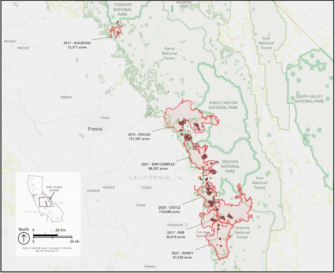 Map highlights six Sierra Nevada wildfires and sequoia groves affected, 2015-2020. National park national forest, and Tule River Reservation  boundaries are also shown.