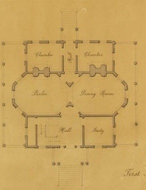This illustration of the first floor plan of Hamilton Grange shows the interior octagonal rooms within a square home.