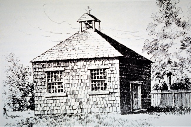 Drawing of a wood plank building, with windows, and a cupula and small bell at the top