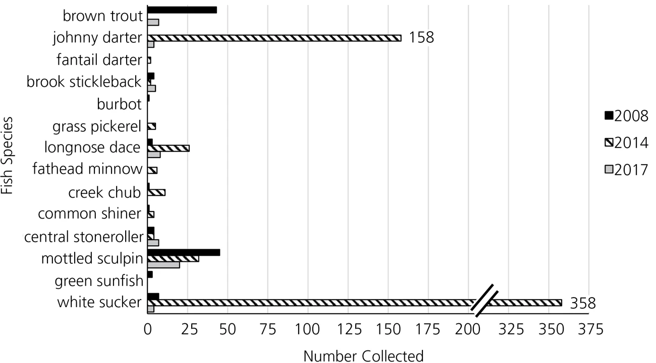 Bar graph of number of fish collected by species Bar graph of number of fish collected in 2008, 2014, and 2017. In 2014, white sucker boomed at 358 individuals and there were 158 johnny darters.
