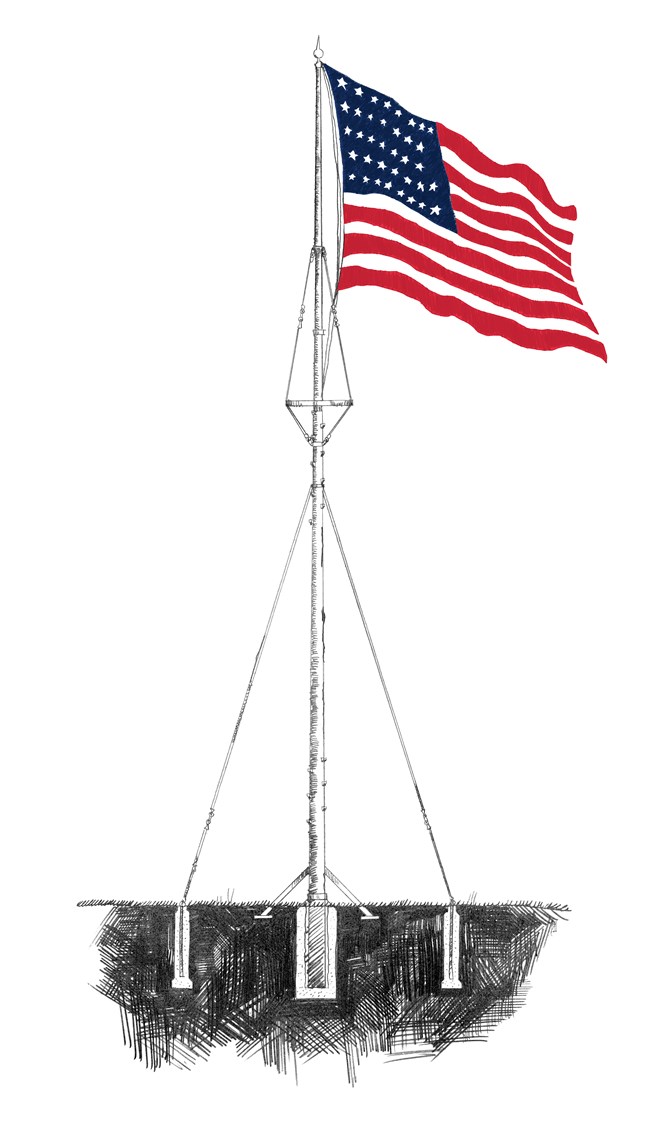 37 star U.S. flag Drawing - 37 star U.S. flag flies on a flagpole resembling a ships mast. The underground supports are visible.