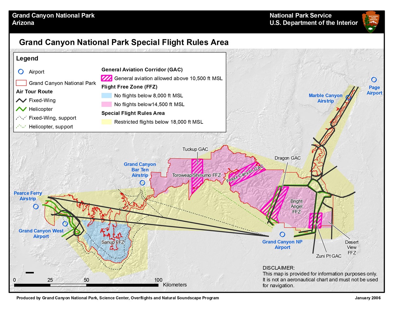 Image of a map displaying flight corridors within Grand Canyon National Park