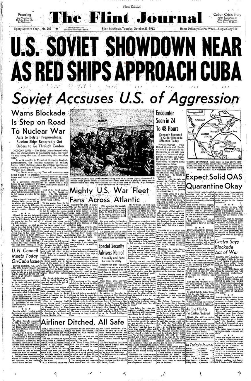 Flint Journal_Oct 23_1962_Cuba Ships Flint Journal Headline from October 23, 1962 in regards to the Cuban Missile Crisis