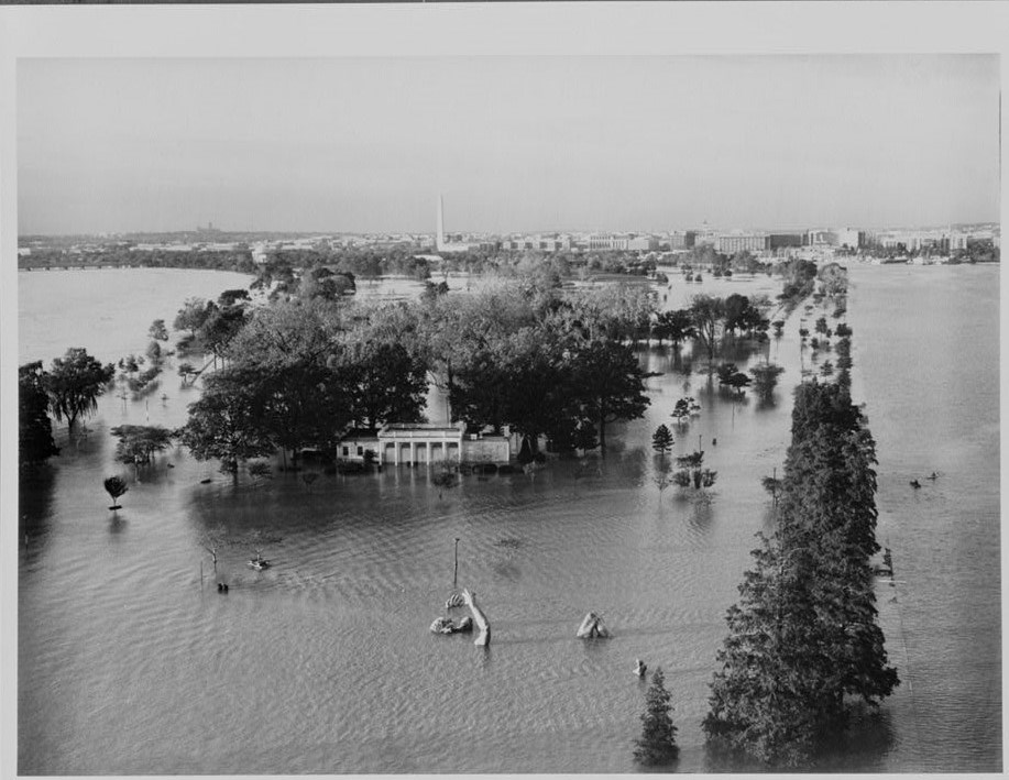 Flooded Hains Point Aerial view of flooding on Hains Point including submerged teahouse and Awakening statue