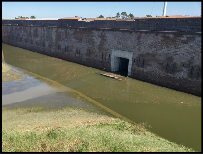 Storm surge days after hurricane Matthew, 2016. flooding of moat and drawbridge