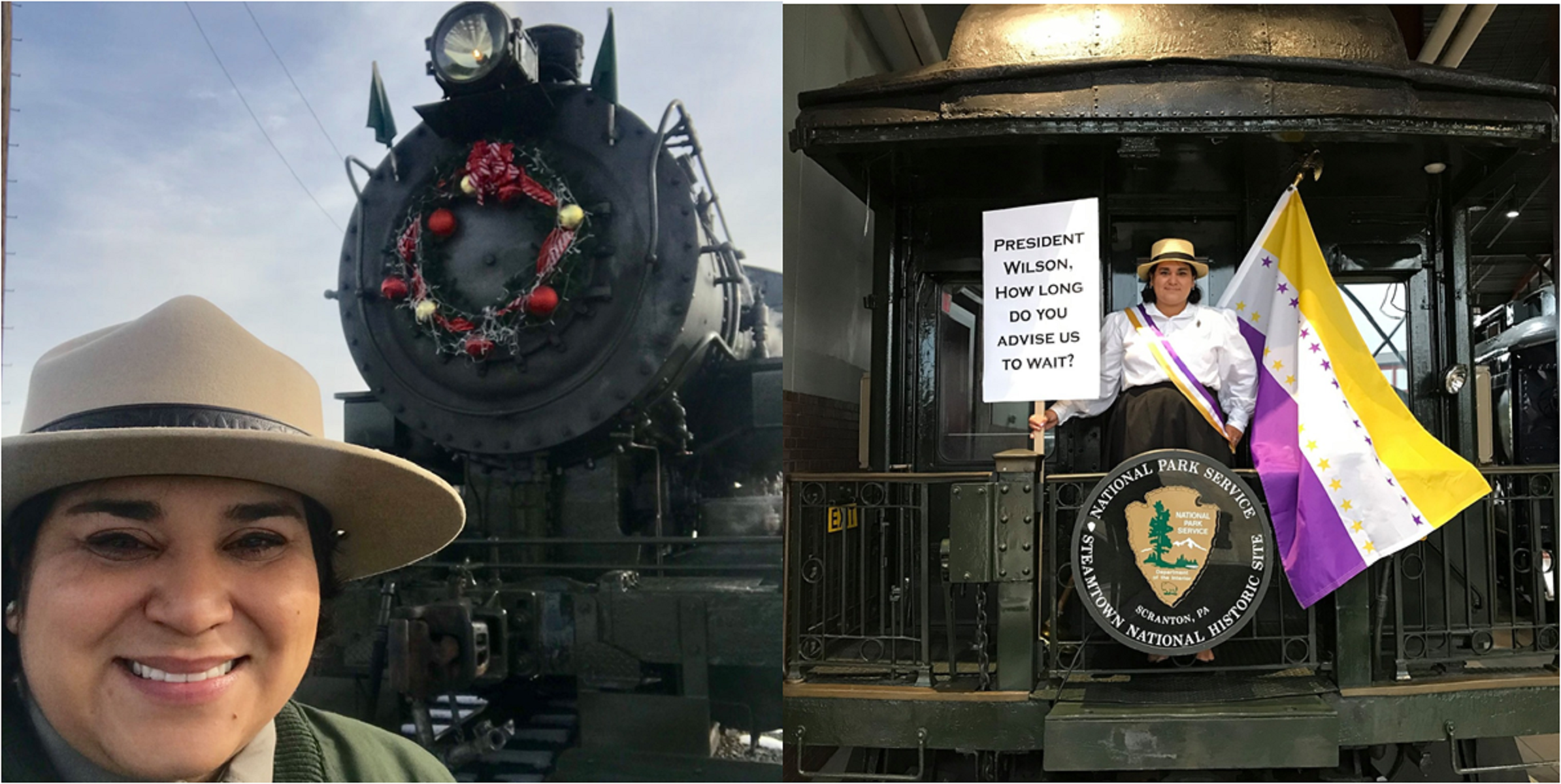 two images side by side of park ranger Flor on duty at steamtown nhs. Left image is up close of smiling face and wearing ranger hat with a train in the background. Right picture Flor is dressed in 1900s clothing standing on train platform.