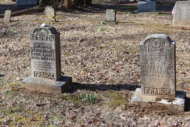 Two France family tombstones feature matching floral motifs.