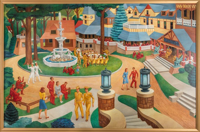 Vibrant painting of Queen Anne-style building with porches full of patients gathering. A pair of nurses walks around large fountain near military band. Small social groups of patients wearing red and soldiers wearing yellow socialize