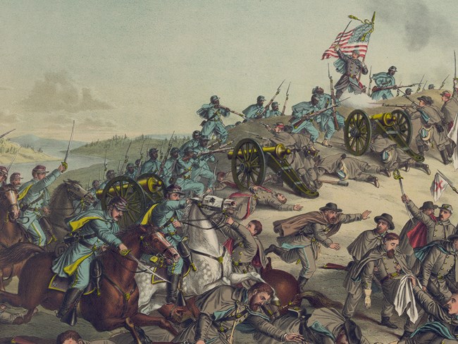 Illustration of large force of African American soldiers in blue uniforms charge over the crest of a hill, facing cannons and Confederate soldiers on the other side.