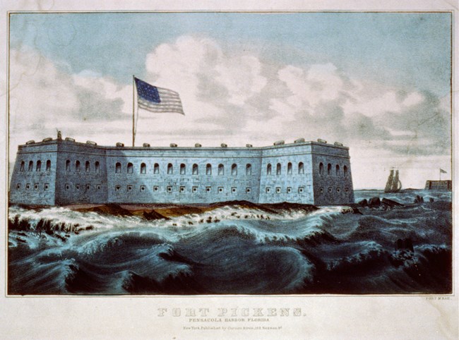 Drawing of a fort with a large American flag