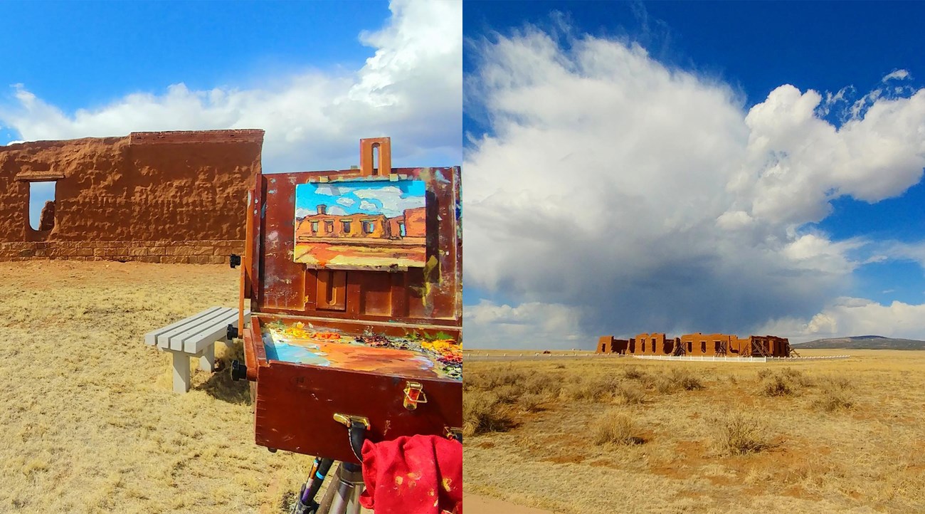 Adobe ruins and a plein air oil painting in a field