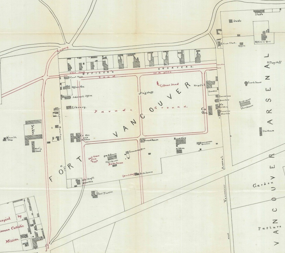 FortVancouverApr_May1874 A close up of a map showing the rectangular outline of the Vancouver Barracks Parade Ground. On the north edge of the Parade Ground is a line of homes making up Officers' Row. On the south edge, a small building is marked "Guard House."