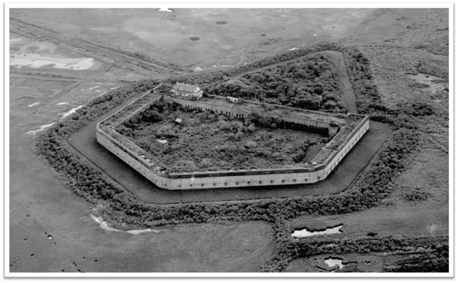 Ariel black and white image of fort Pulaski