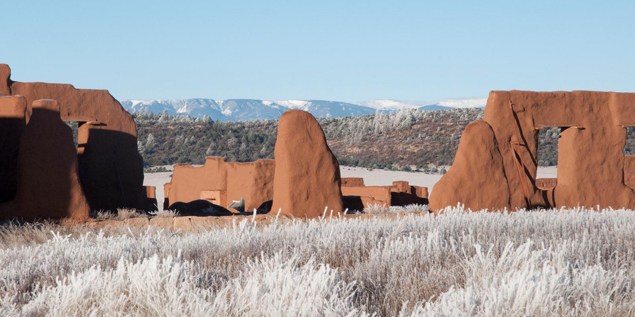 Fort Union National Monument Fort Union adobe ruins in a snowy landscape.