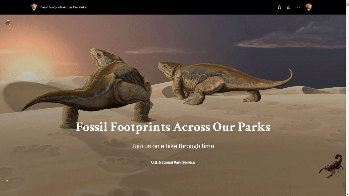 Screenshot of coverslide of "Fossil Footprints Across Our Parks", a StoryMap by the National Park Service. The subtitle reads "Join us on a hike through time."